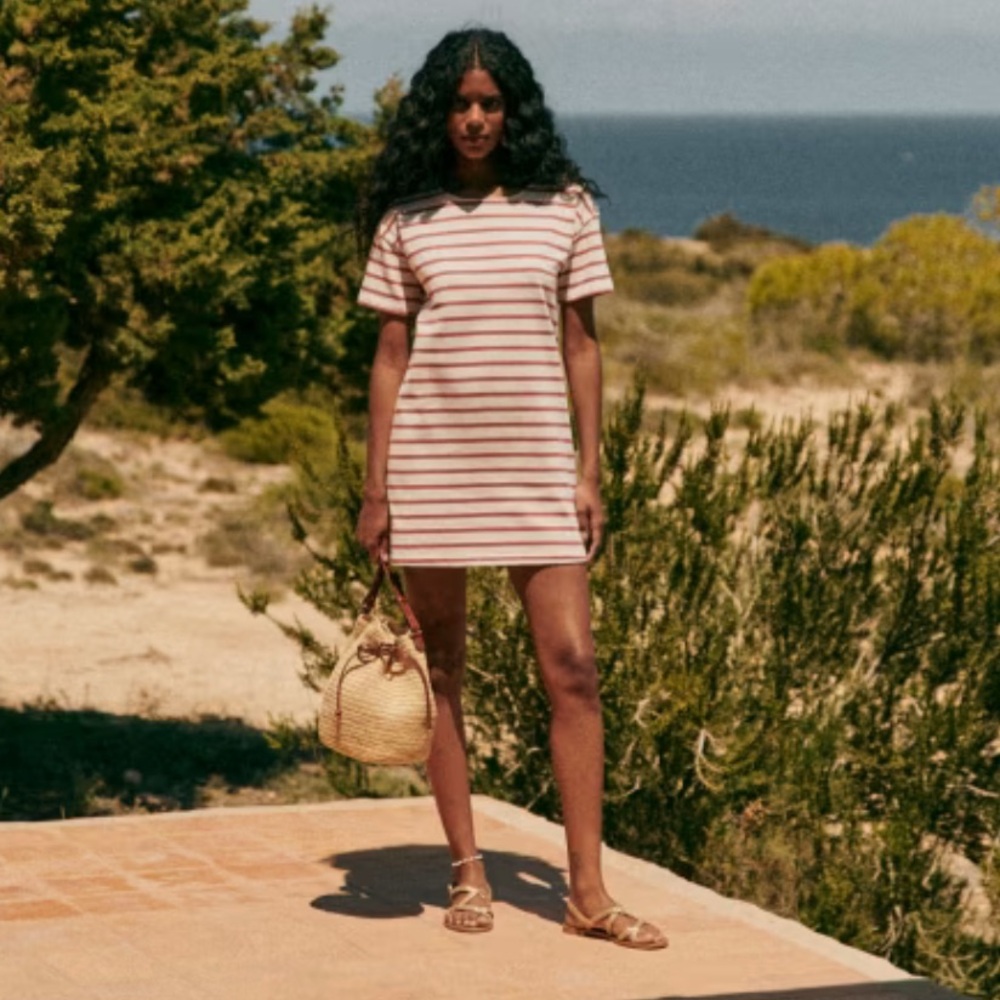 Sézane Delphie Striped Short Sleeve Shirt Dress with Button Detail